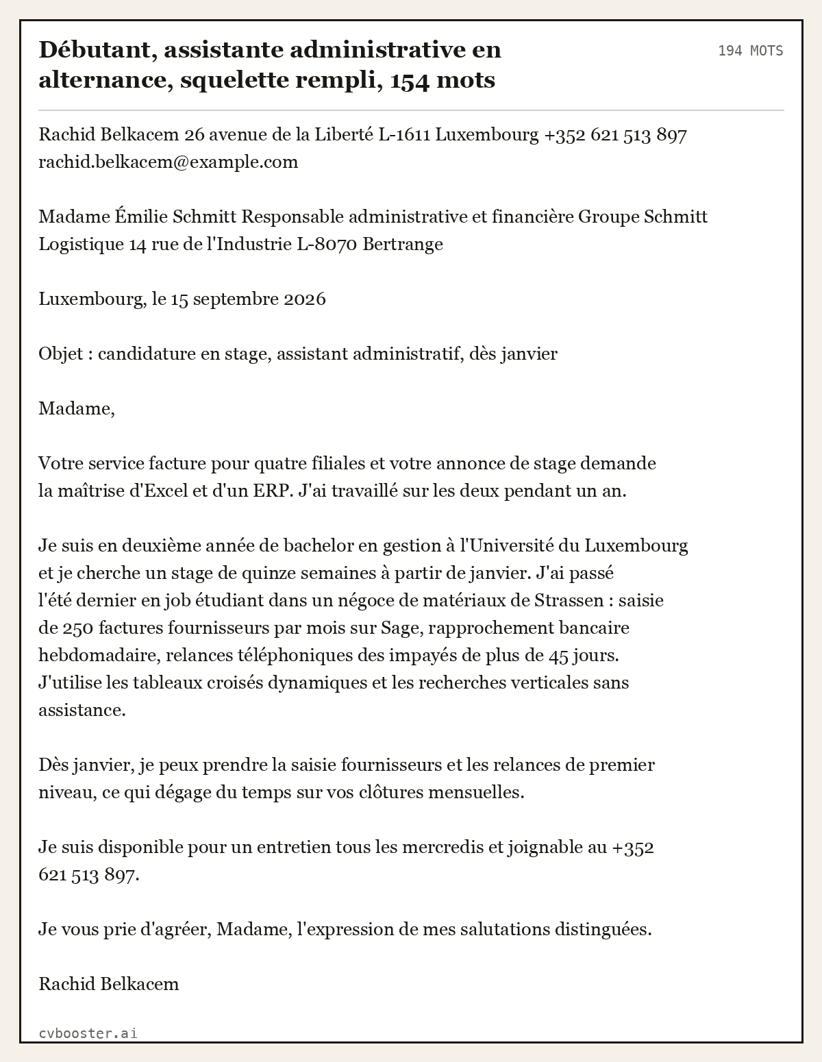 Exemple complet: Débutant, assistante administrative en alternance, squelette rempli, 194 mots