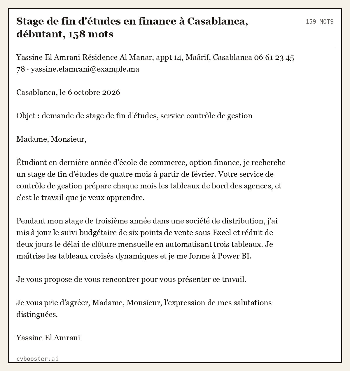 Exemple complet: Stage de fin d'études en finance à Casablanca, débutant, 159 mots