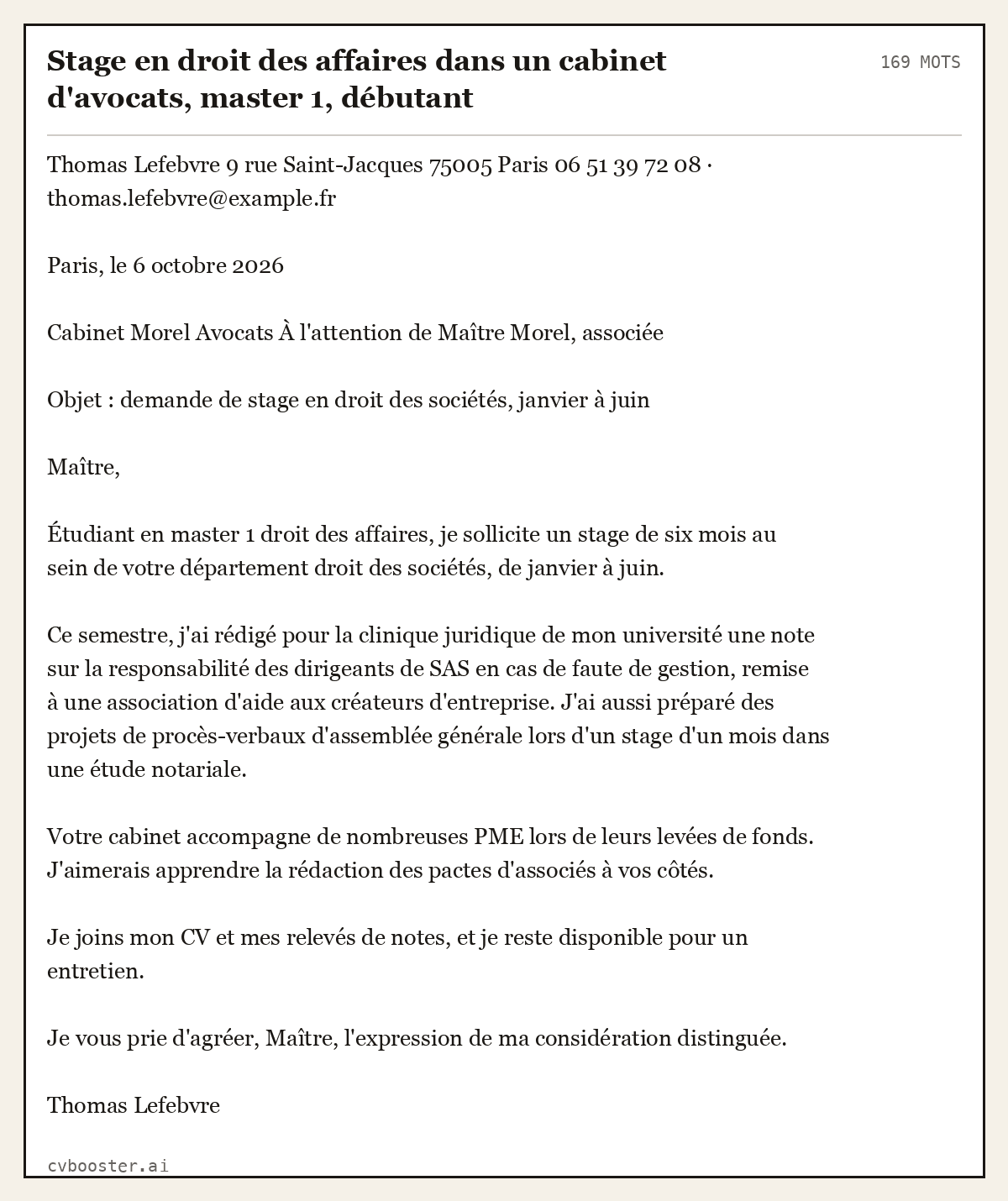 Exemple complet: Stage en droit des affaires dans un cabinet d'avocats, master 1, débutant, 169 mots