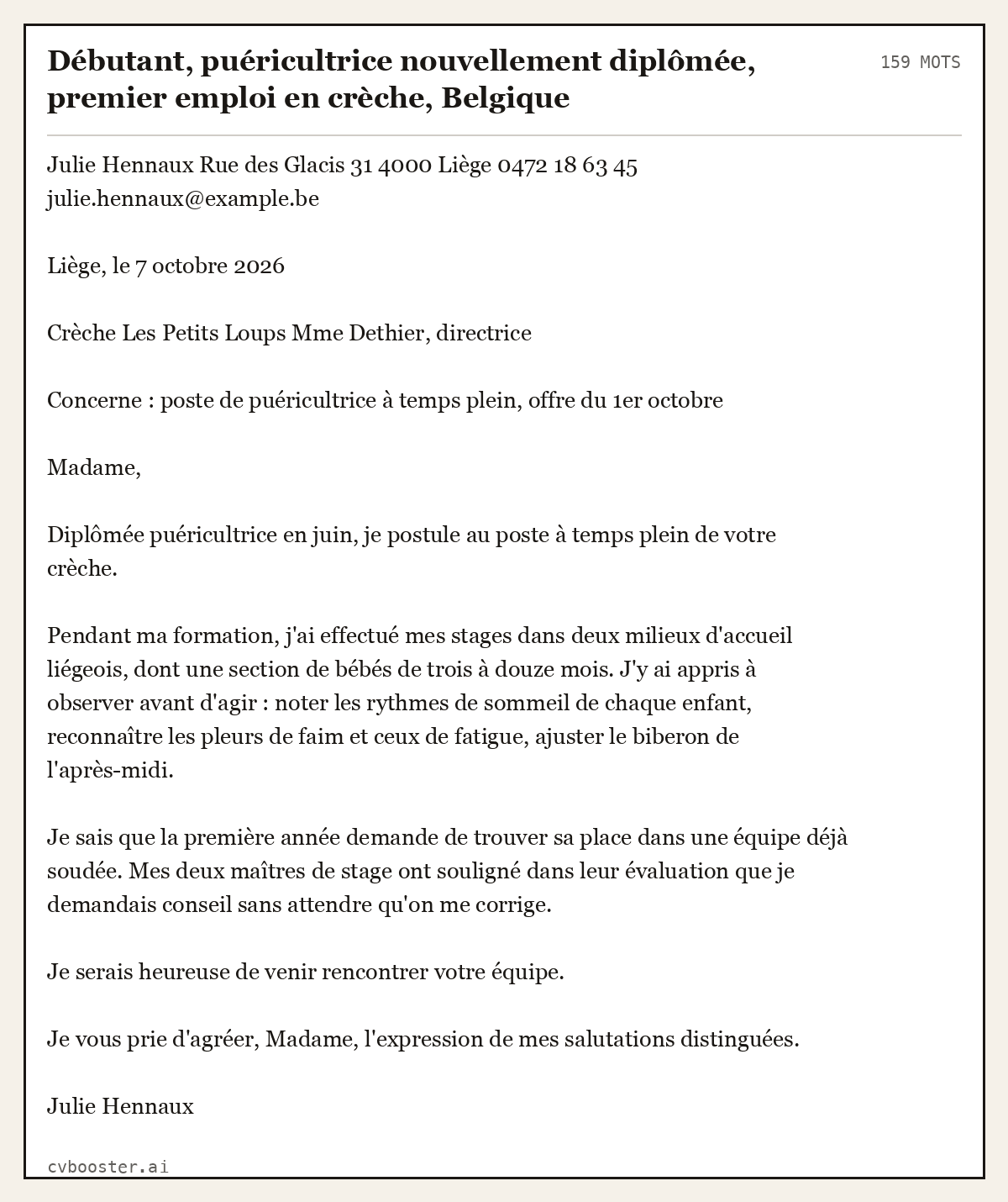 Exemple complet: Débutant, puéricultrice nouvellement diplômée, premier emploi en crèche, Belgique, 159 mots