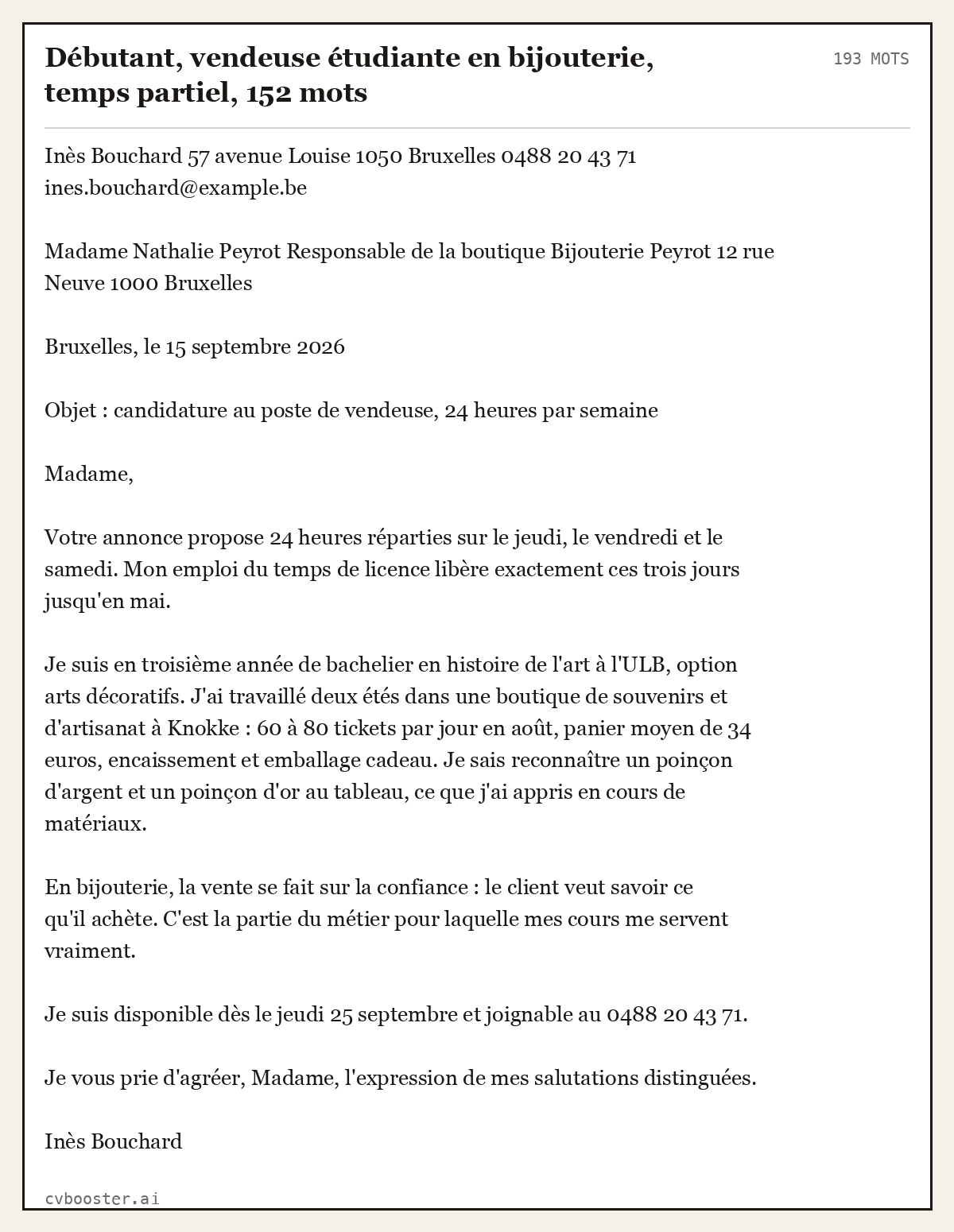 Exemple complet: Débutant, vendeuse étudiante en bijouterie, temps partiel, 193 mots