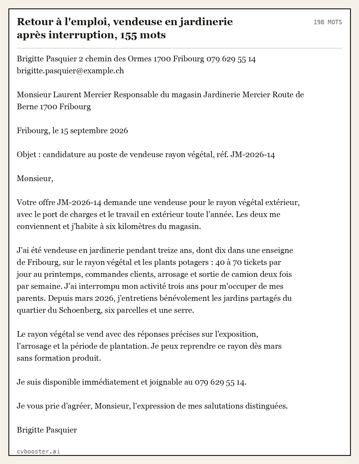 Exemple complet: Retour à l'emploi, vendeuse en jardinerie après interruption, 198 mots