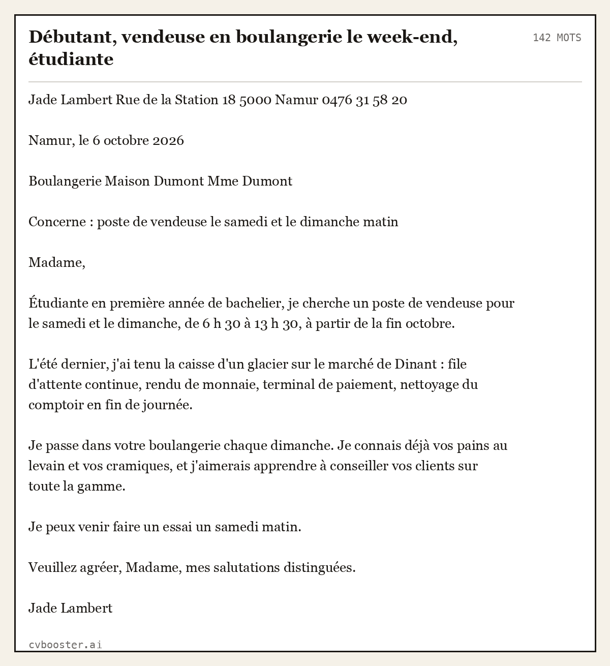 Exemple complet: Débutant, vendeuse en boulangerie le week-end, étudiante, 142 mots