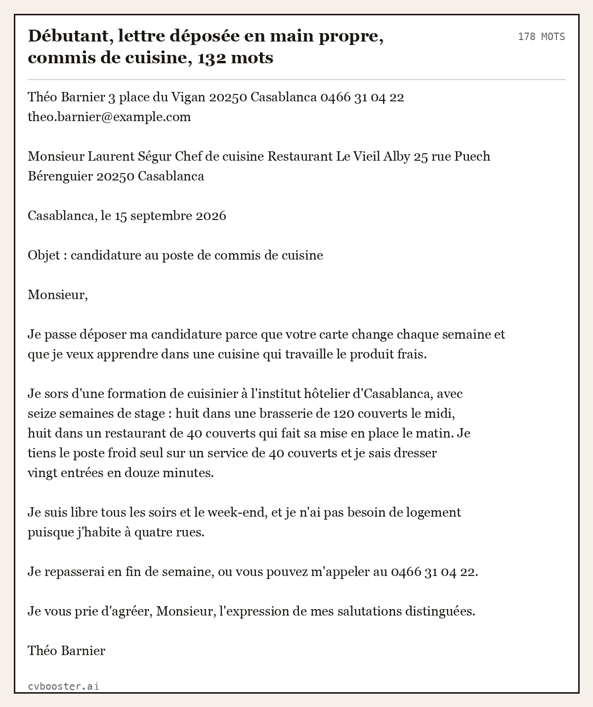 Exemple complet: Débutant, lettre déposée en main propre, commis de cuisine, 132 mots, 178 mots