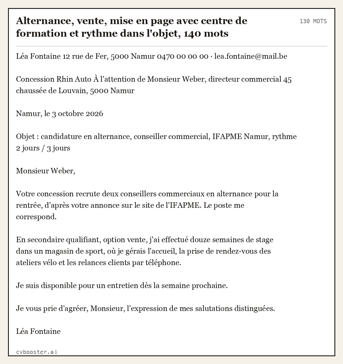 Exemple complet: Alternance, vente, mise en page avec centre de formation et rythme dans l'objet, 140 mots, 130 mots