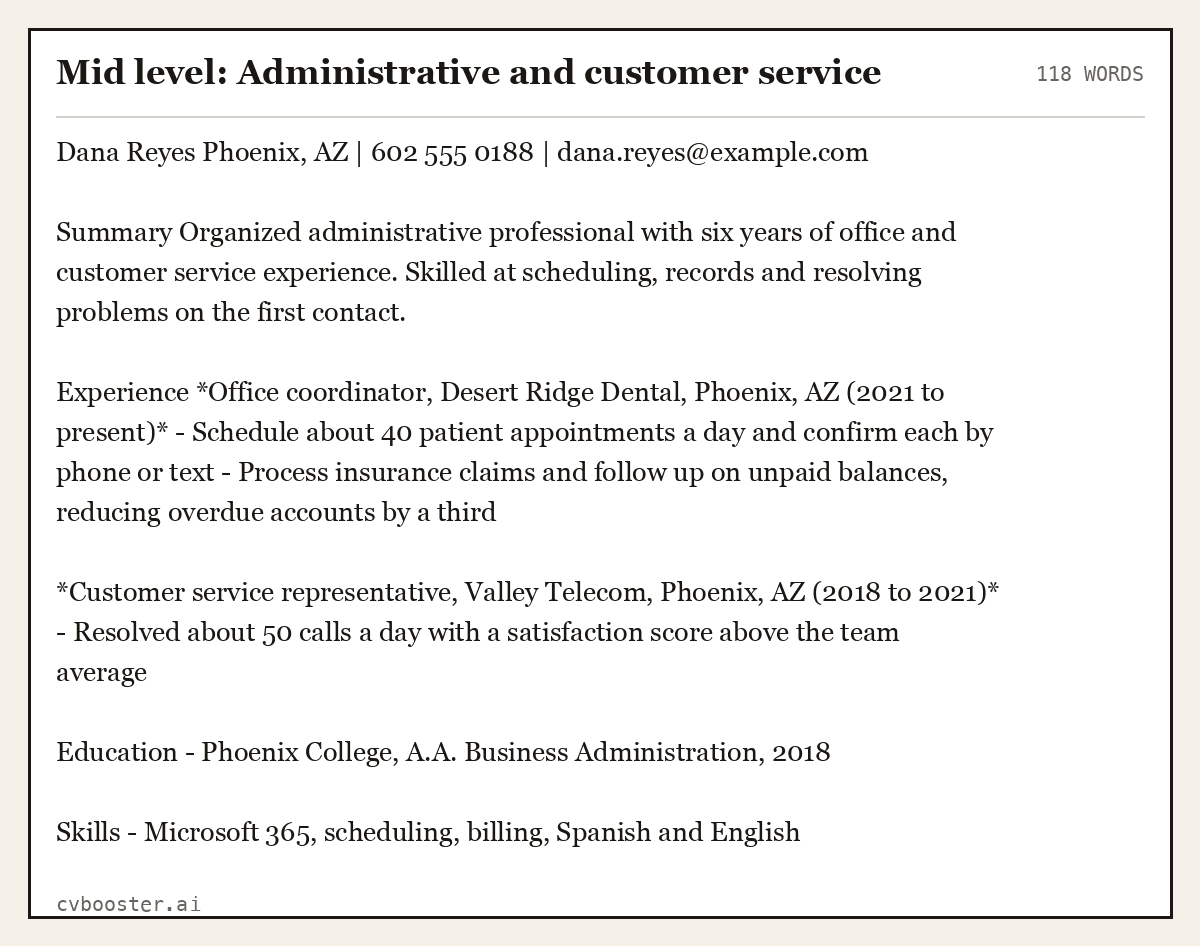 Complete Mid level: Administrative and customer service example, 118 words, laid out as it would sit in the application form