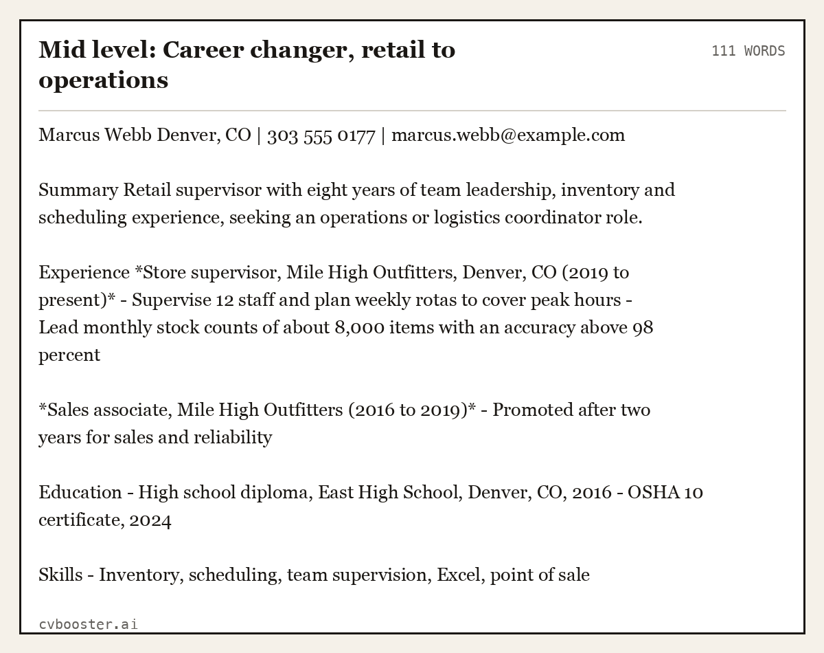 Complete Mid level: Career changer, retail to operations example, 111 words, laid out as it would sit in the application form