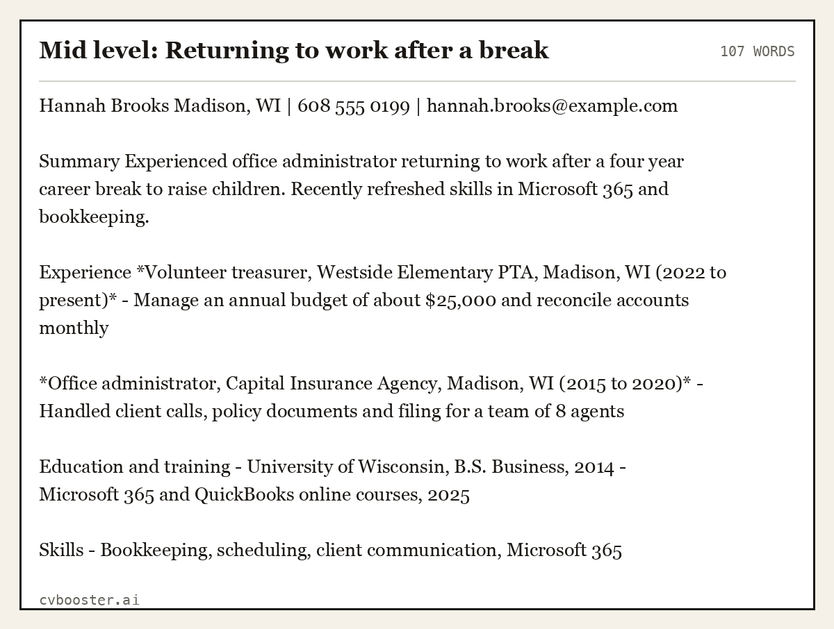 Complete Mid level: Returning to work after a break example, 107 words, laid out as it would sit in the application form