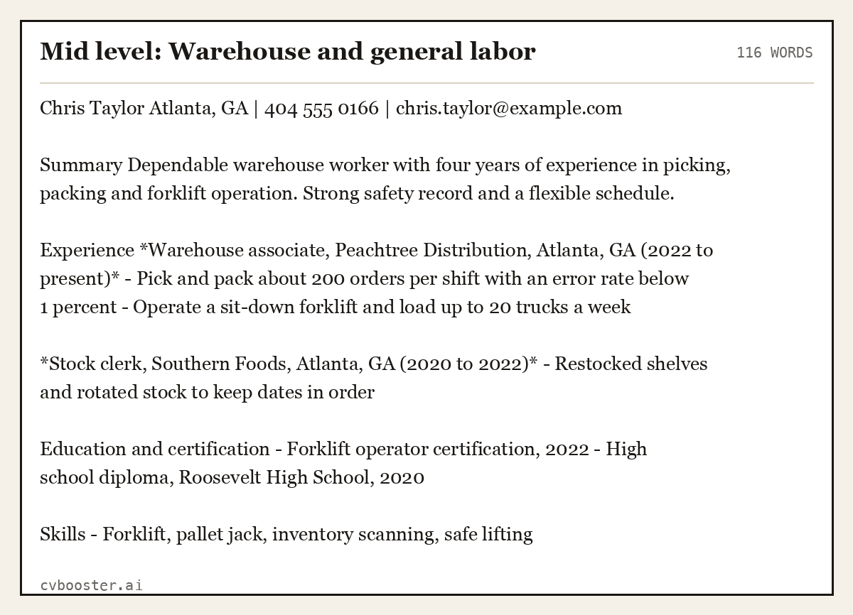 Complete Mid level: Warehouse and general labor example, 116 words, laid out as it would sit in the application form