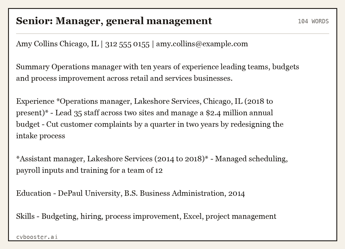 Complete Senior: Manager, general management example, 104 words, laid out as it would sit in the application form