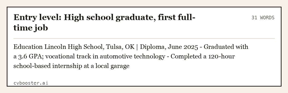 Entry level: High school graduate, first full-time job, complete example, 31 words