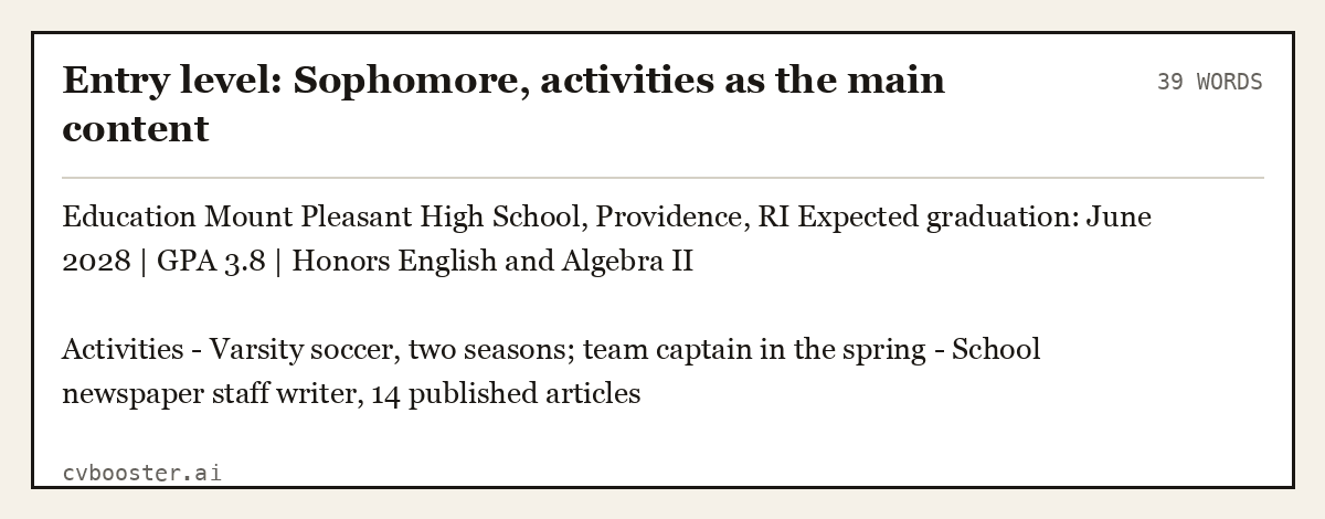 Entry level: Sophomore, activities as the main content, complete example, 39 words