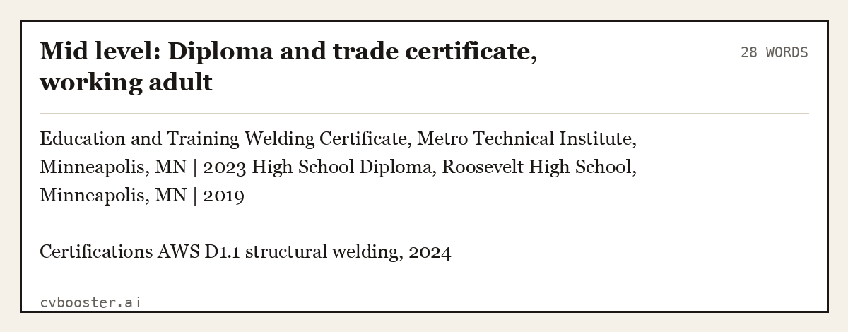 Mid level: Diploma and trade certificate, working adult, complete example, 28 words