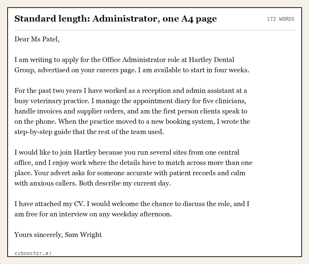 Complete Standard length: Administrator, one A4 page example, 172 words, laid out as it would sit in the application form