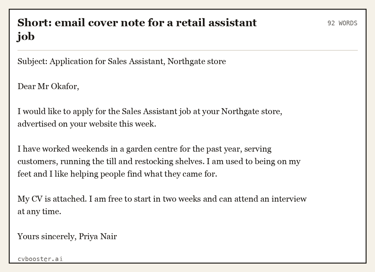 Short: email cover note for a retail assistant job, complete example, 92 words