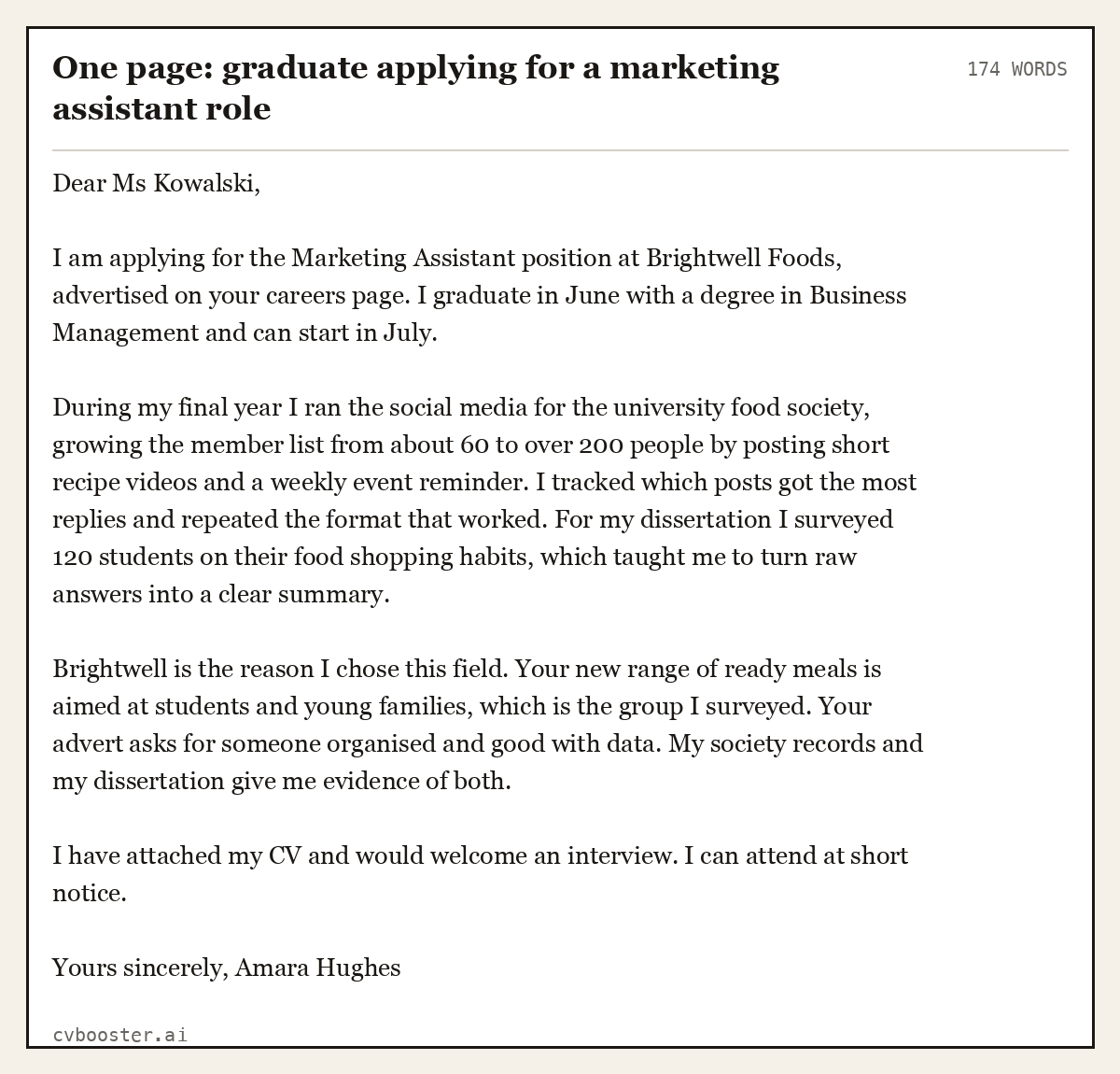 One page: graduate applying for a marketing assistant role, complete example, 174 words