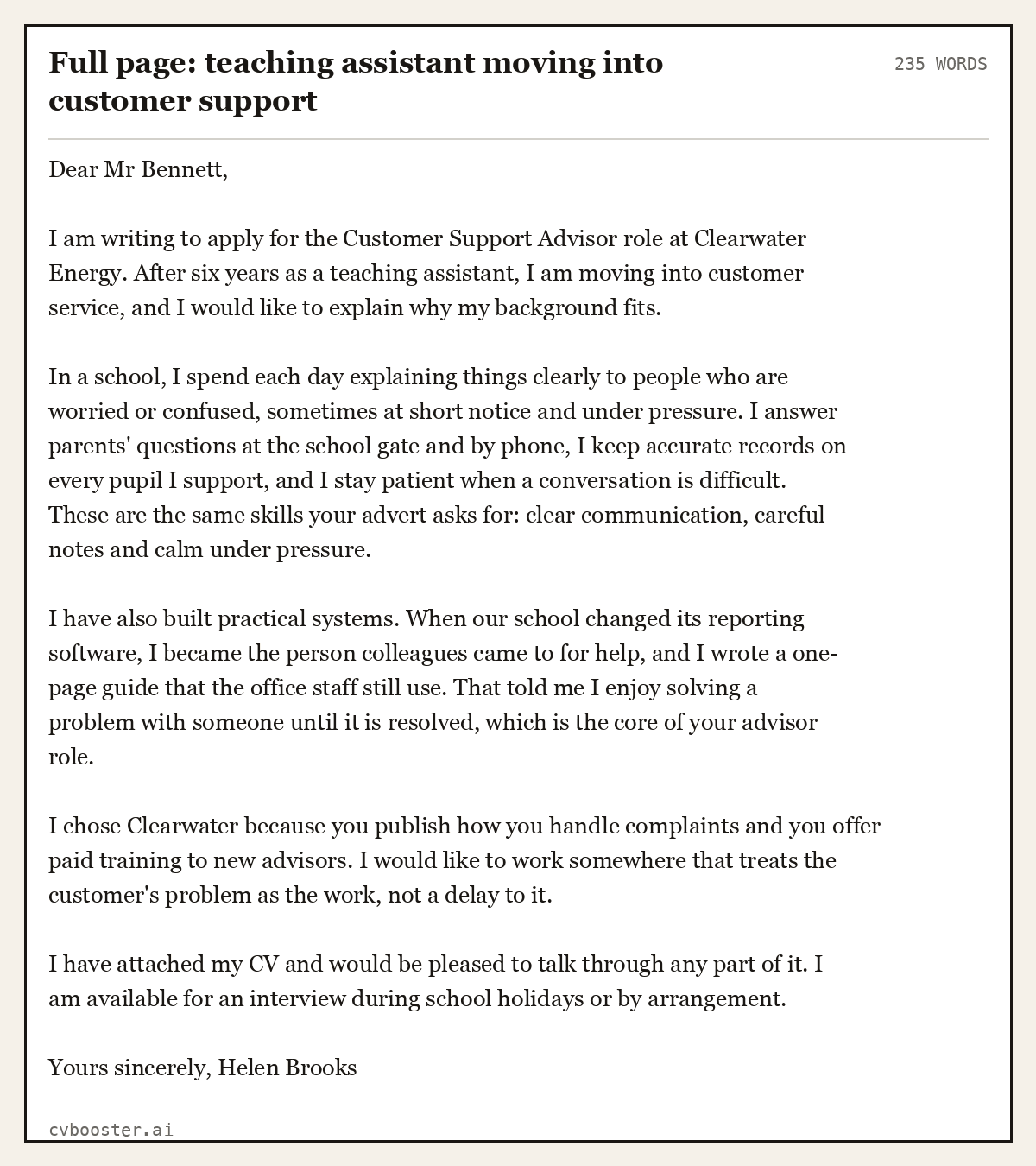 Full page: teaching assistant moving into customer support, complete example, 235 words