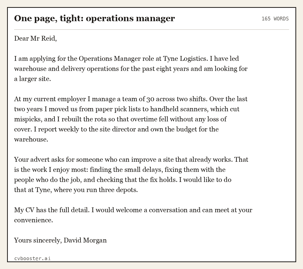 Complete One page, tight: operations manager example, 165 words, laid out as it would sit in the application form