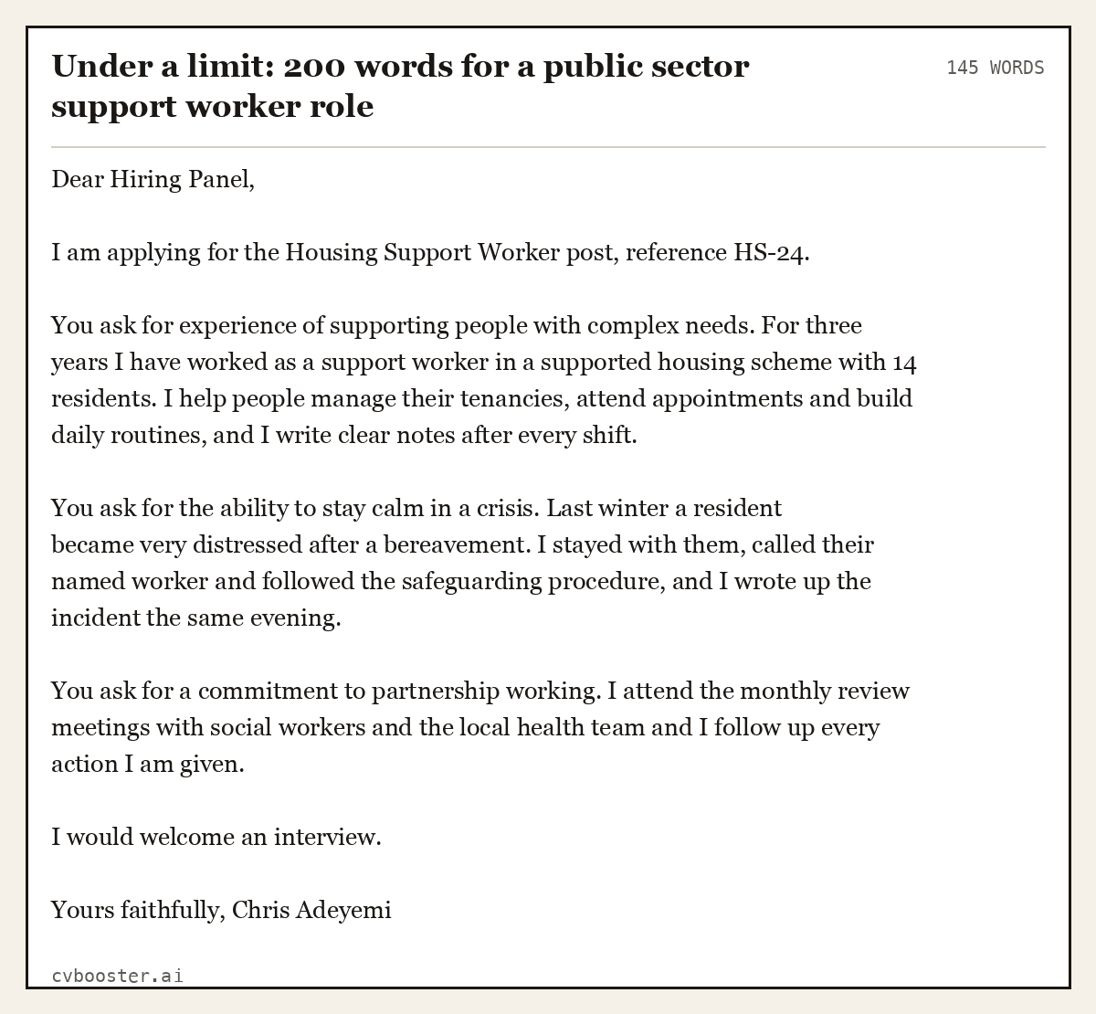 Under a limit: 200 words for a public sector support worker role, complete example, 145 words
