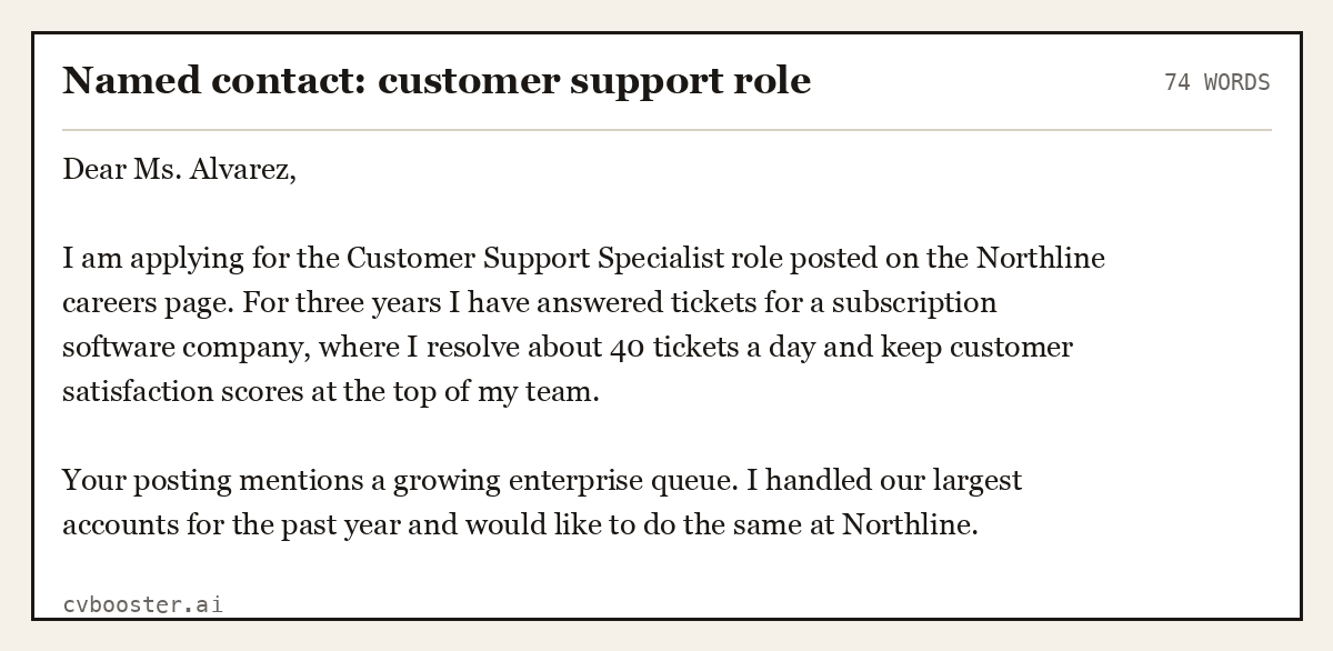 Complete Named contact: customer support role example, 74 words, laid out as it would sit in the application form