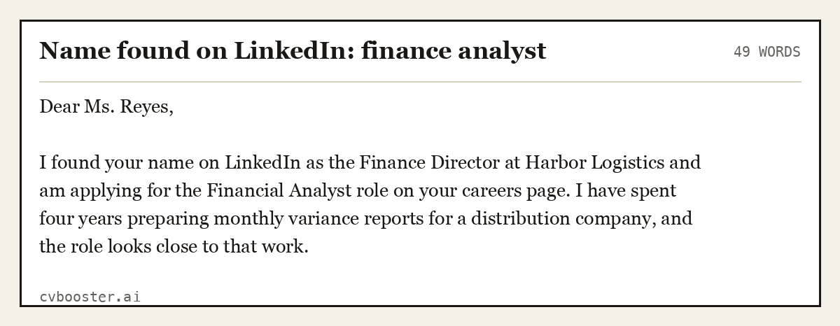Complete Name found on LinkedIn: finance analyst example, 49 words, laid out as it would sit in the application form