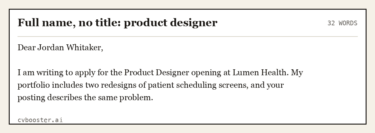 Complete Full name, no title: product designer example, 32 words, laid out as it would sit in the application form