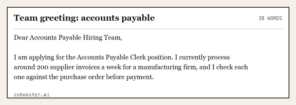 Complete Team greeting: accounts payable example, 38 words, laid out as it would sit in the application form
