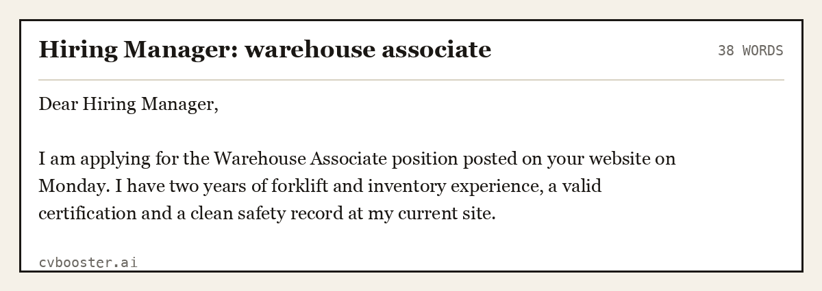 Complete Hiring Manager: warehouse associate example, 38 words, laid out as it would sit in the application form