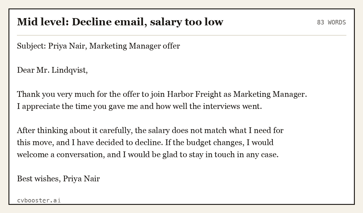 Complete Mid level: Decline email, salary too low example, 83 words, laid out as it would sit in the application form