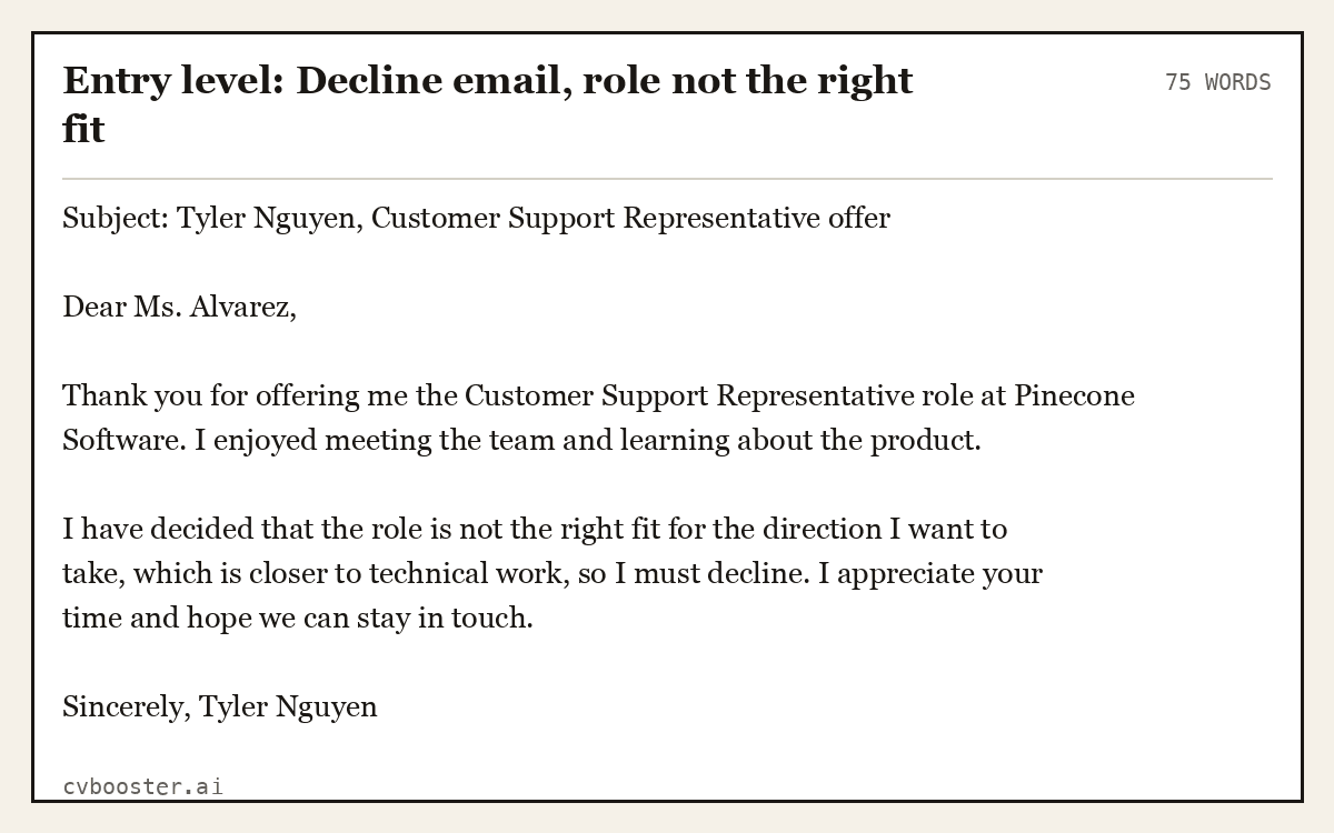 Entry level: Decline email, role not the right fit, complete example, 75 words