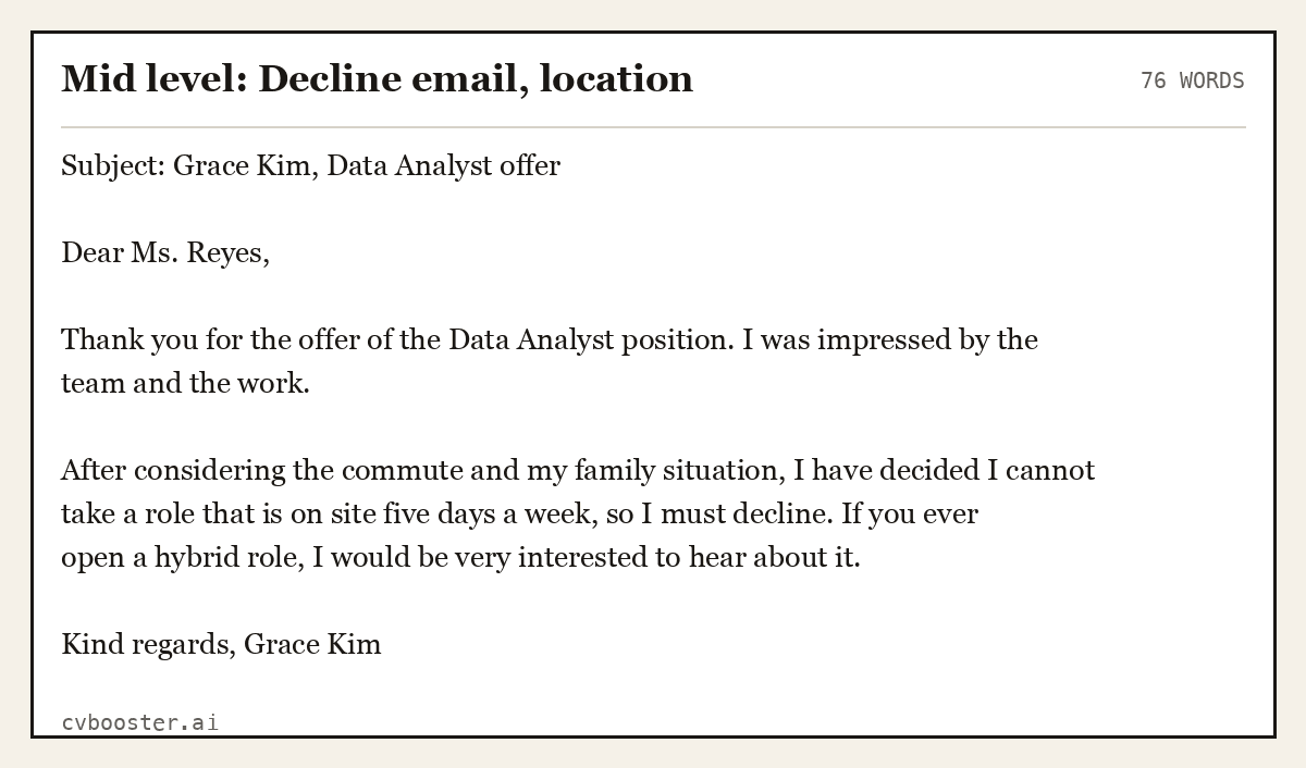 Complete Mid level: Decline email, location example, 76 words, laid out as it would sit in the application form