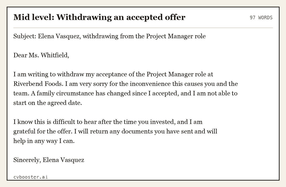 Complete Mid level: Withdrawing an accepted offer example, 97 words, laid out as it would sit in the application form