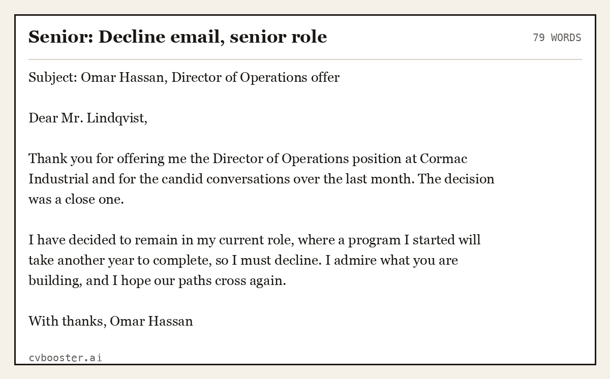Complete Senior: Decline email, senior role example, 79 words, laid out as it would sit in the application form