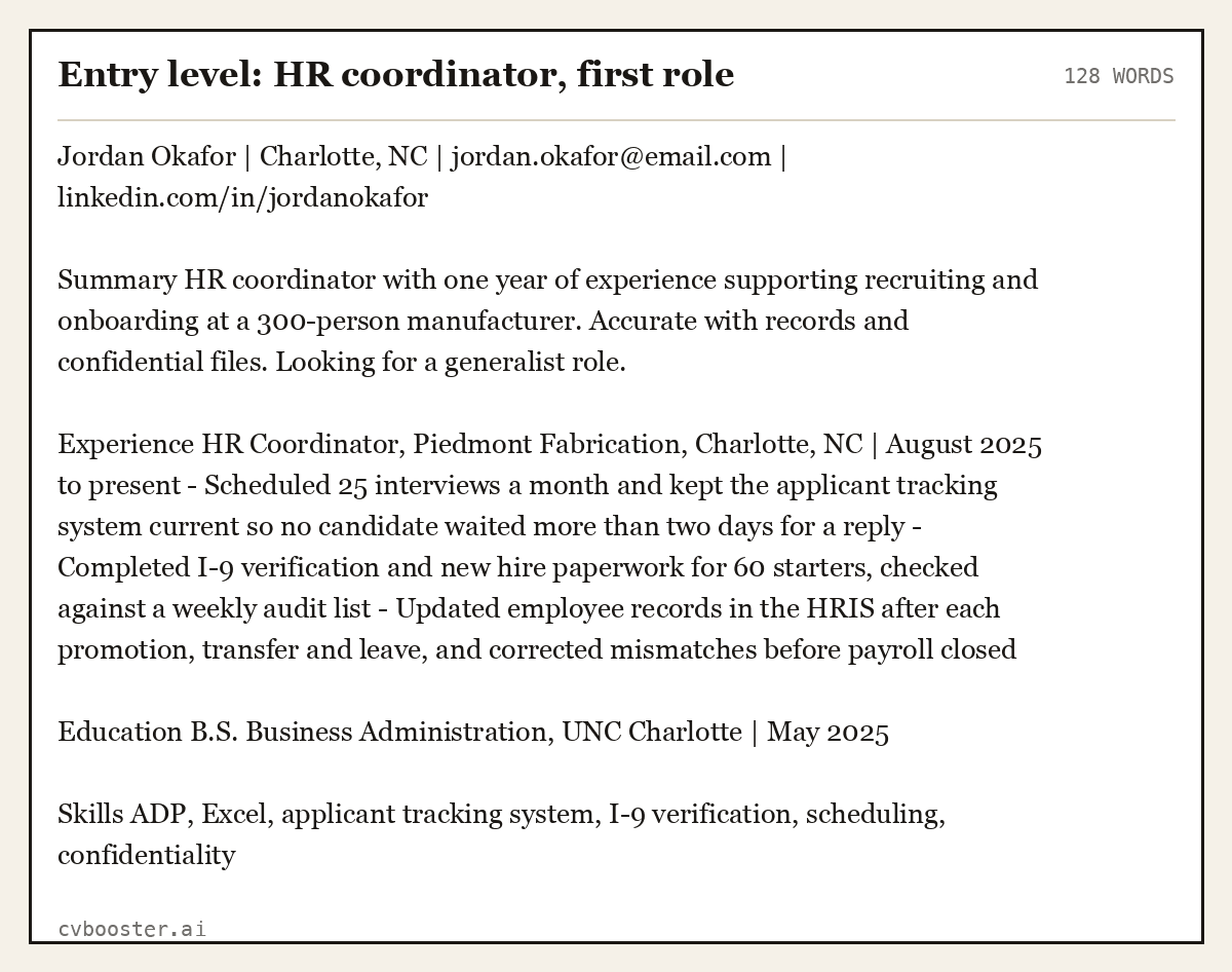 Complete Entry level: HR coordinator, first role example, 128 words, laid out as it would sit in the application form
