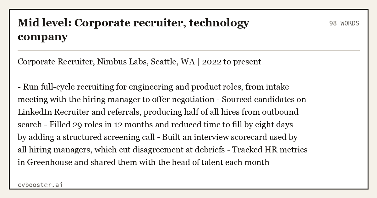Mid level: Corporate recruiter, technology company, complete example, 98 words