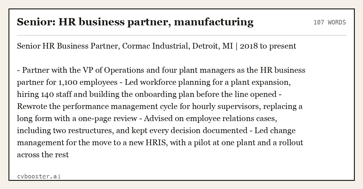 Complete Senior: HR business partner, manufacturing example, 107 words, laid out as it would sit in the application form