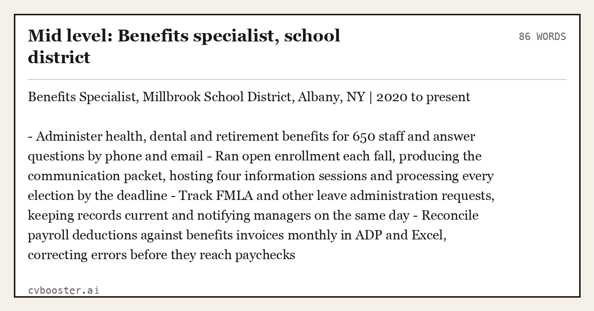 Complete Mid level: Benefits specialist, school district example, 86 words, laid out as it would sit in the application form
