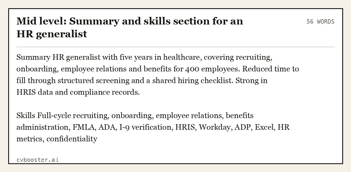 Mid level: Summary and skills section for an HR generalist, complete example, 56 words