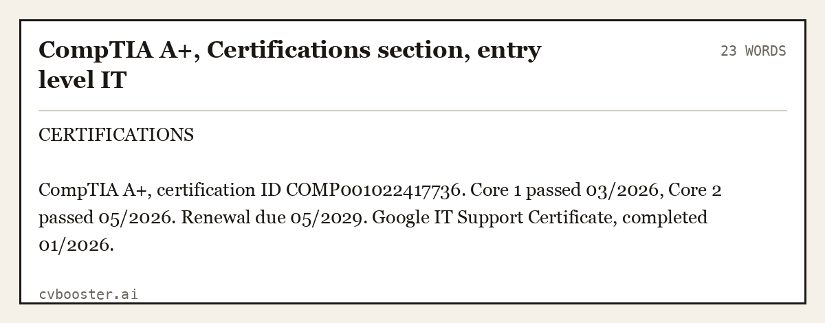 Complete CompTIA A+, Certifications section, entry level IT example, 23 words, laid out as it would sit in the application form