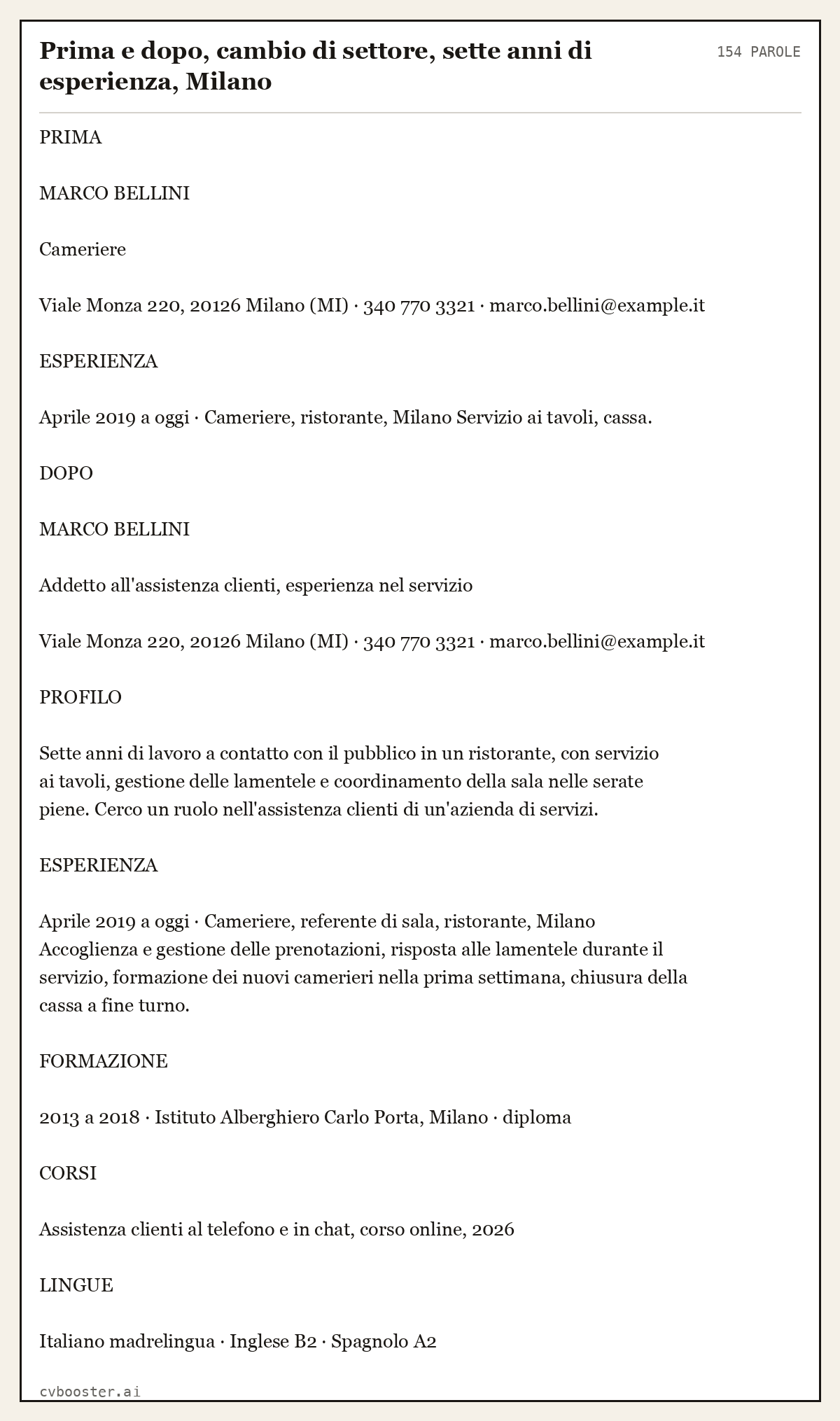 Esempio svolto: Prima e dopo, cambio di settore, sette anni di esperienza, Milano, 154 parole