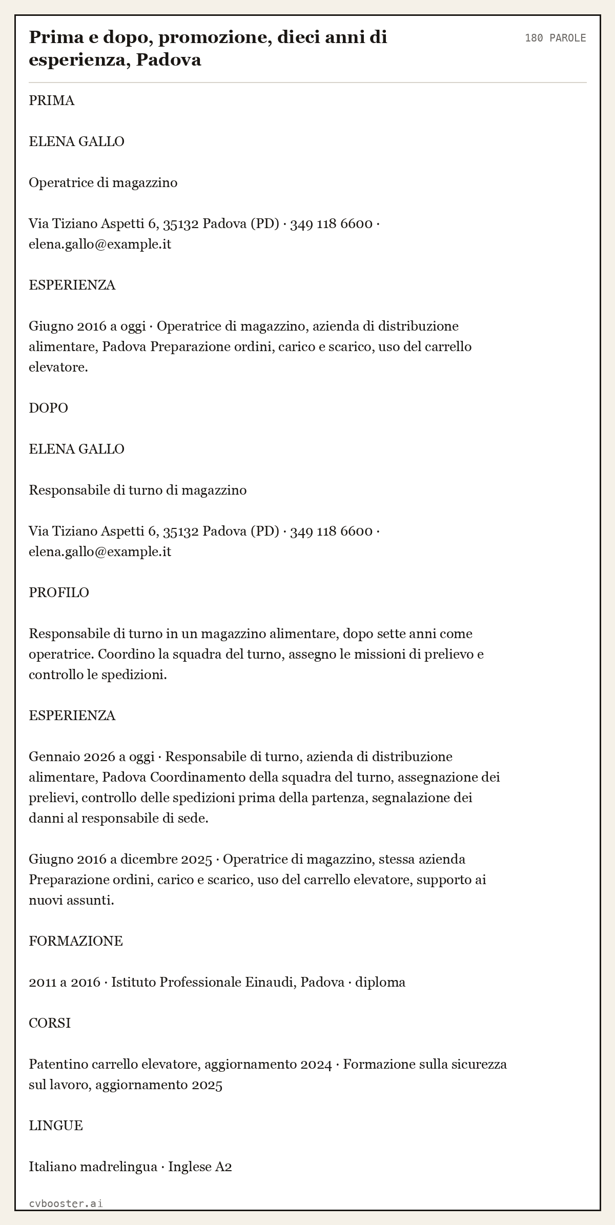 Esempio svolto: Prima e dopo, promozione, dieci anni di esperienza, Padova, 180 parole