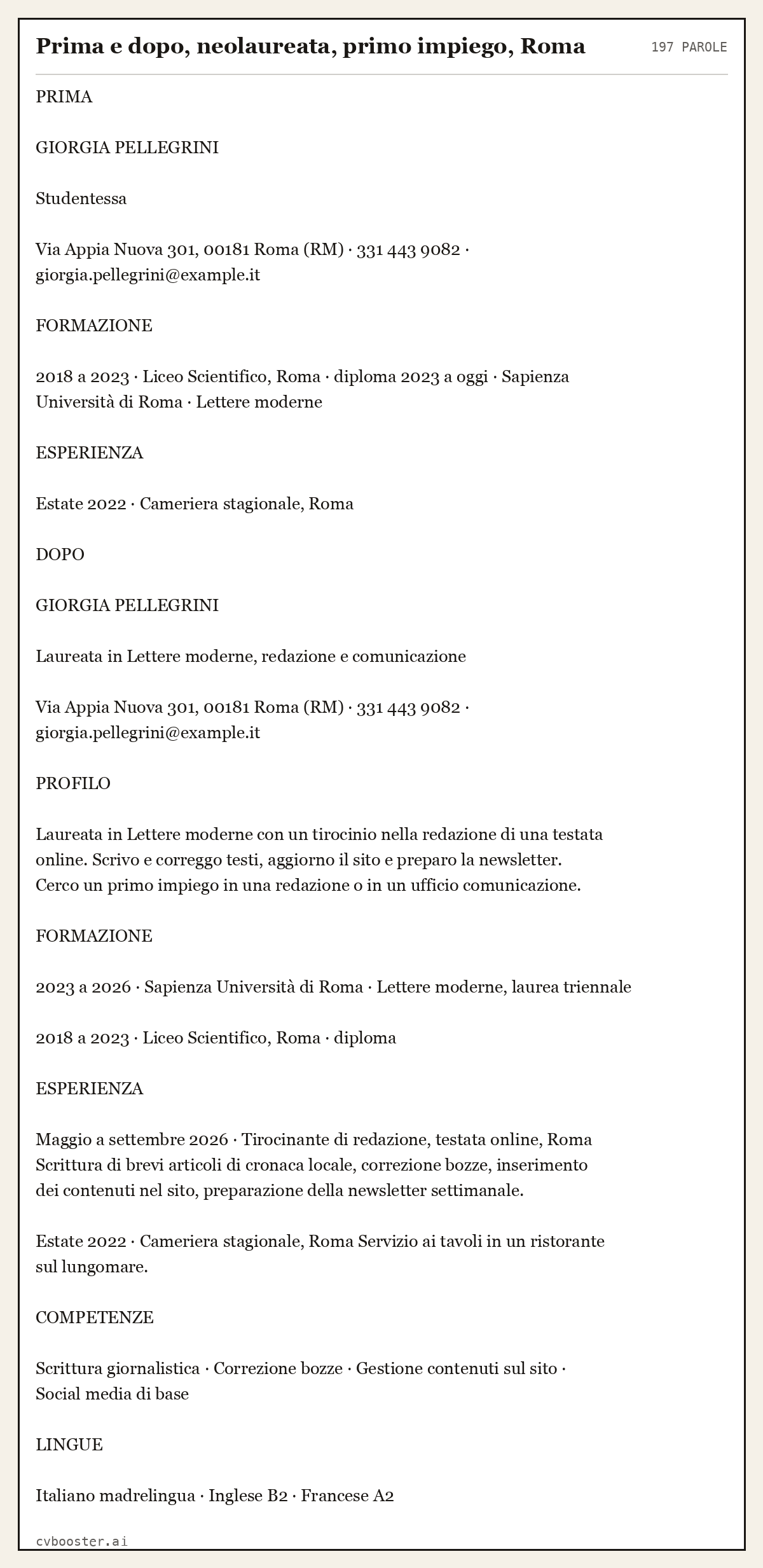 Esempio svolto: Prima e dopo, neolaureata, primo impiego, Roma, 197 parole