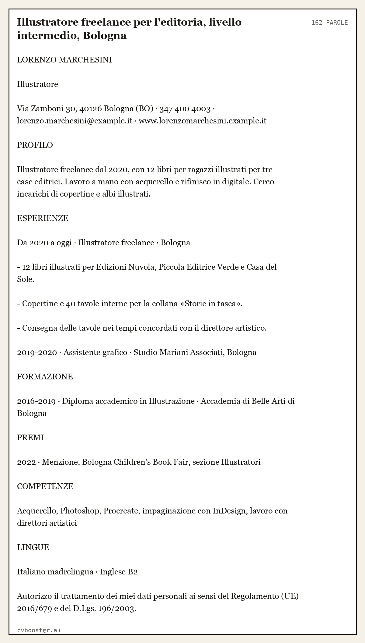 Esempio svolto: Illustratore freelance per l'editoria, livello intermedio, Bologna, 162 parole