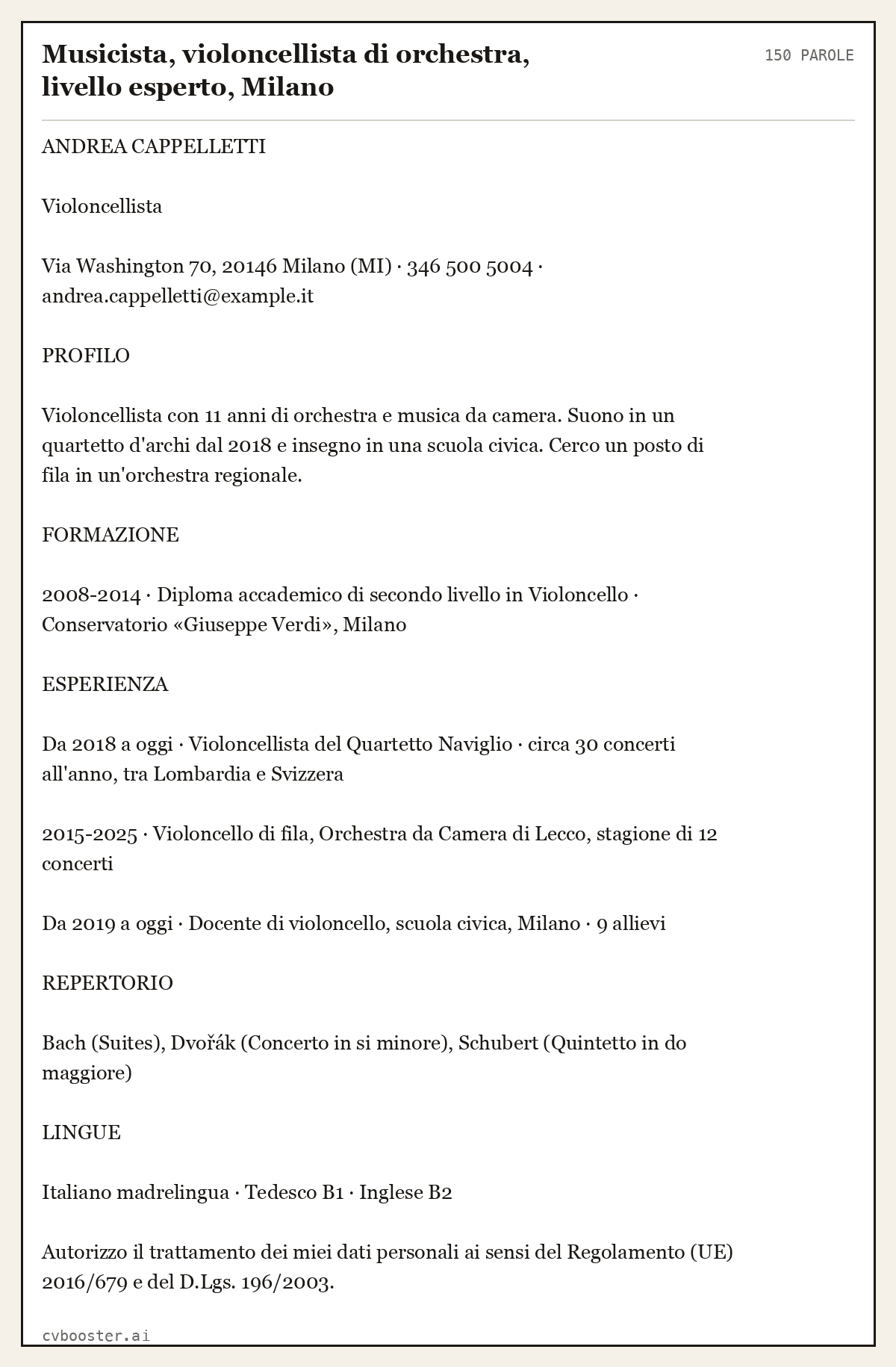 Esempio svolto: Musicista, violoncellista di orchestra, livello esperto, Milano, 150 parole