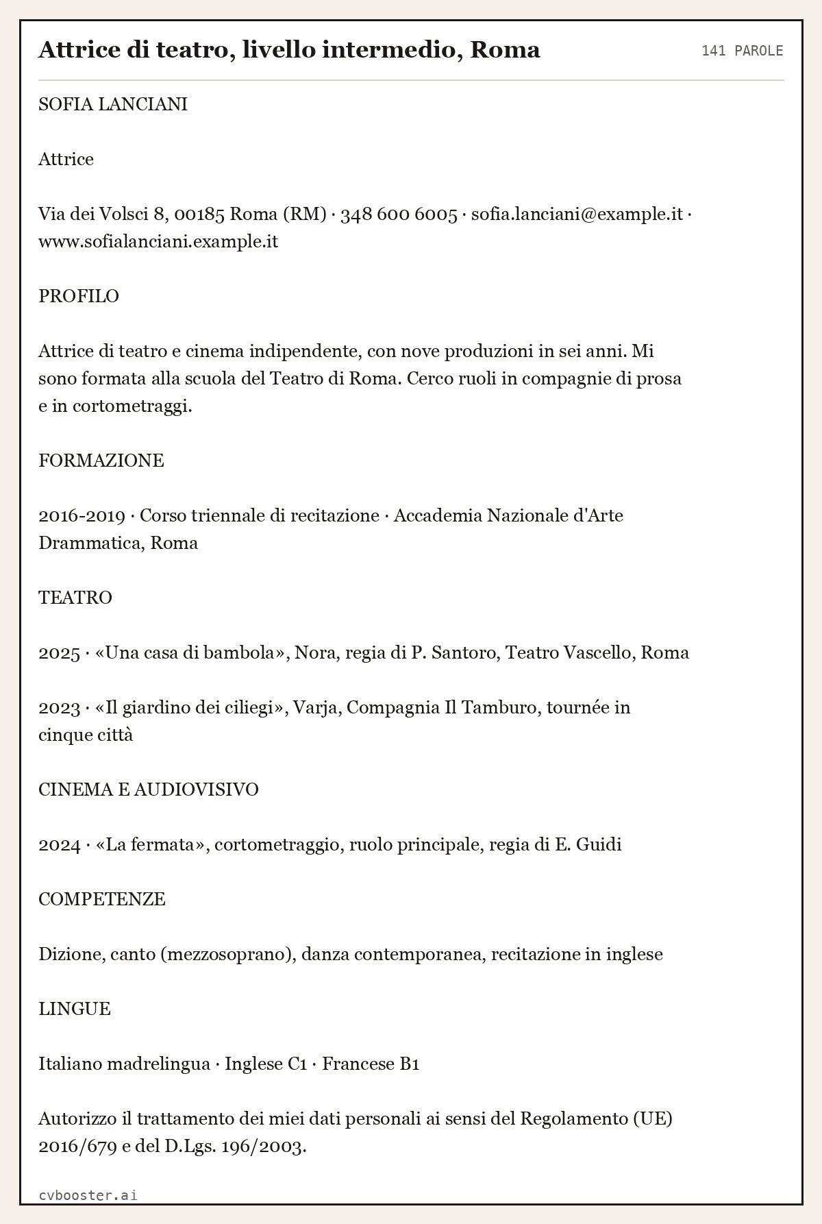 Esempio svolto: Attrice di teatro, livello intermedio, Roma, 141 parole
