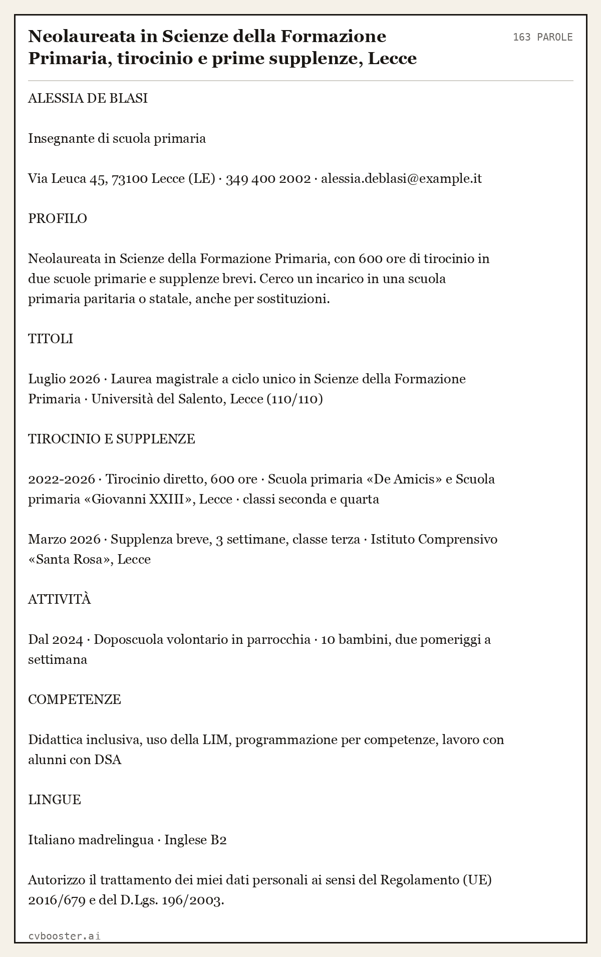 Esempio svolto: Neolaureata in Scienze della Formazione Primaria, tirocinio e prime supplenze, Lecce, 163 parole