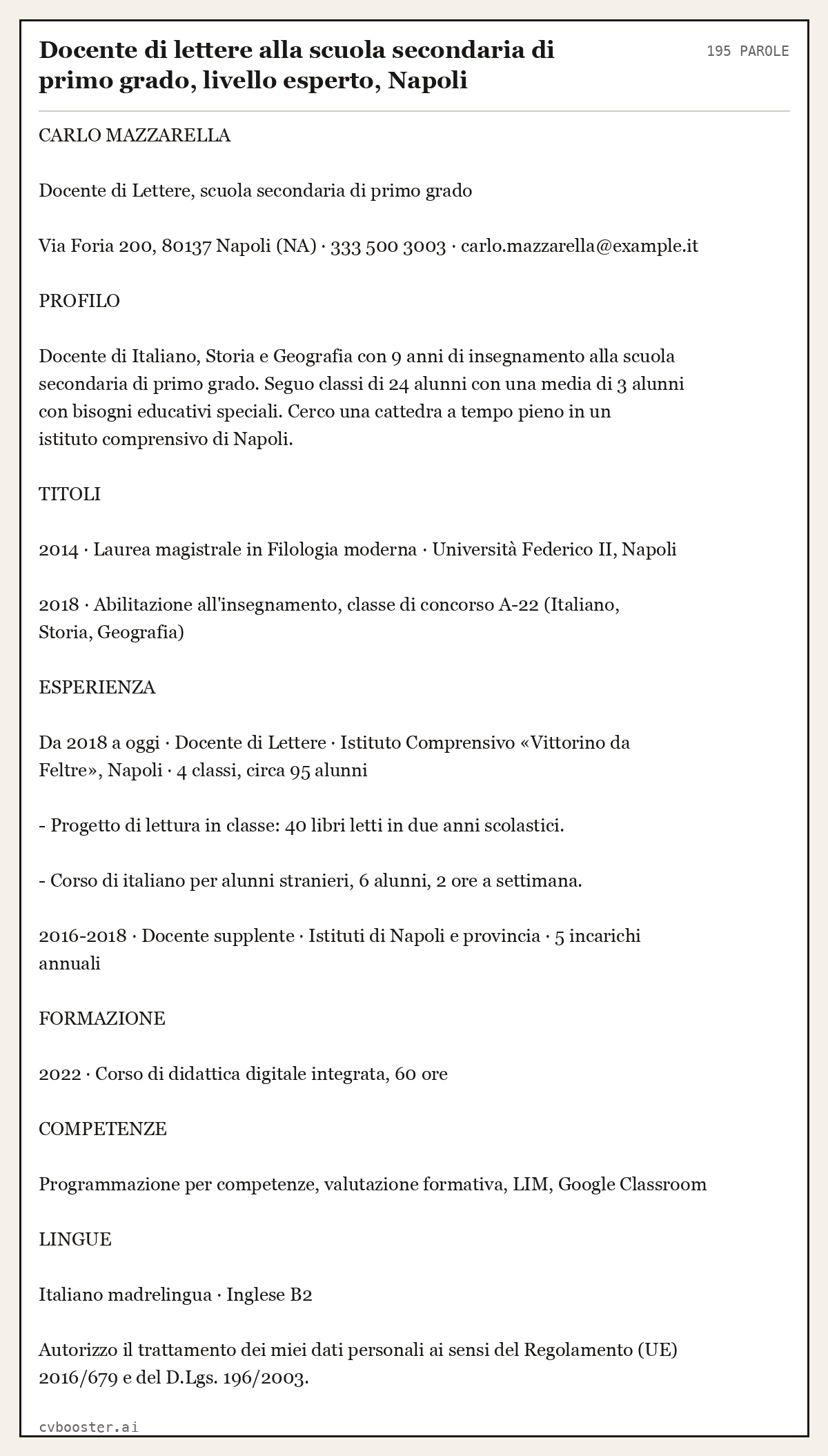 Esempio svolto: Docente di lettere alla scuola secondaria di primo grado, livello esperto, Napoli, 195 parole