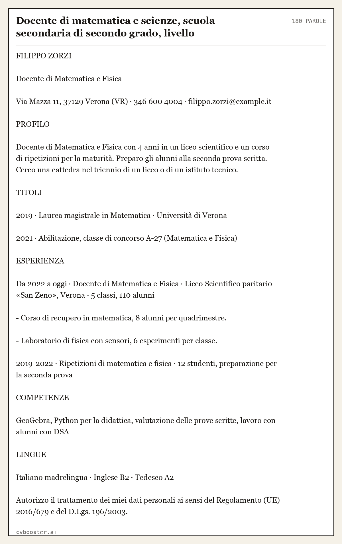 Esempio svolto: Docente di matematica e scienze, scuola secondaria di secondo grado, livello intermedio, Verona, 180 parole
