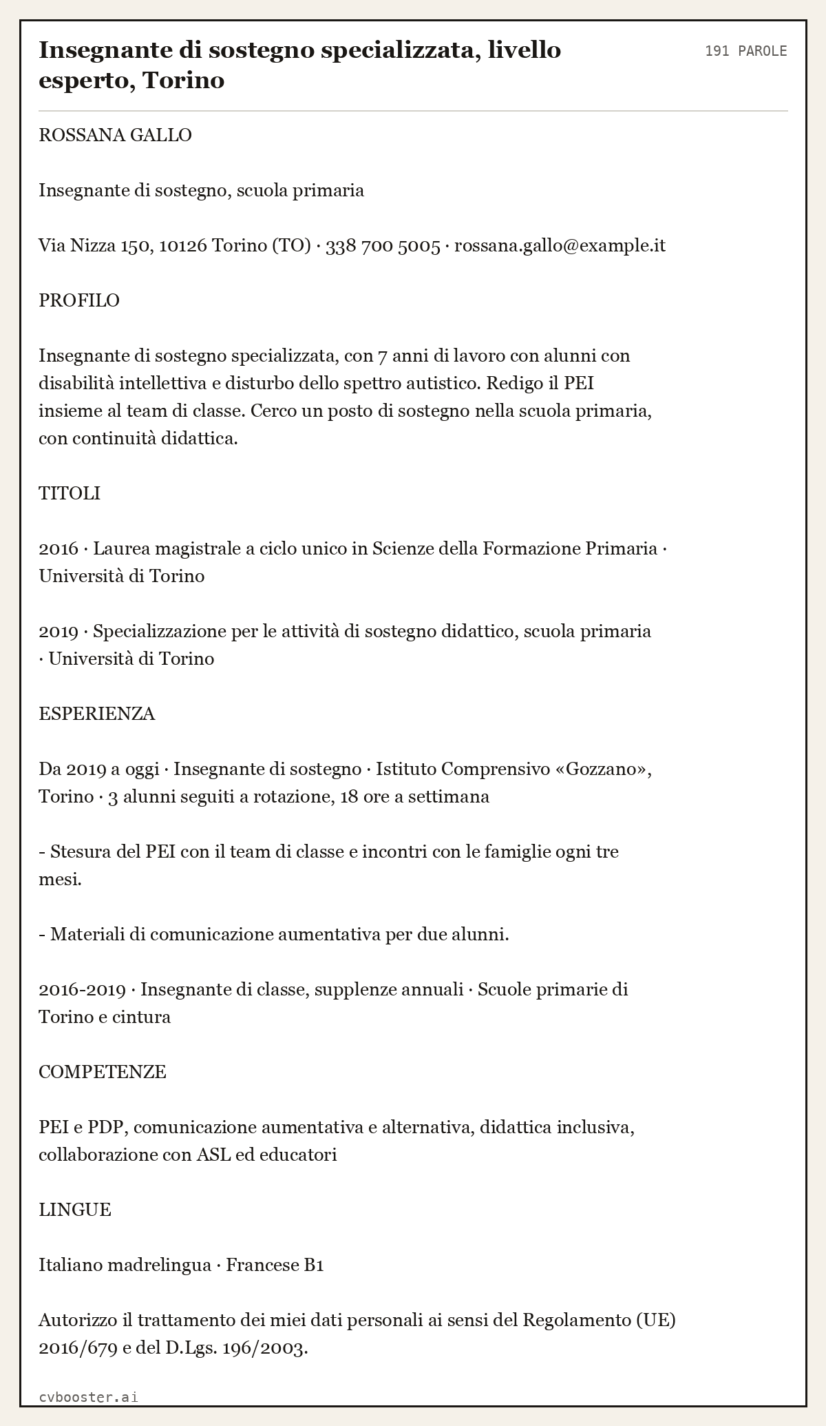 Esempio svolto: Insegnante di sostegno specializzata, livello esperto, Torino, 191 parole