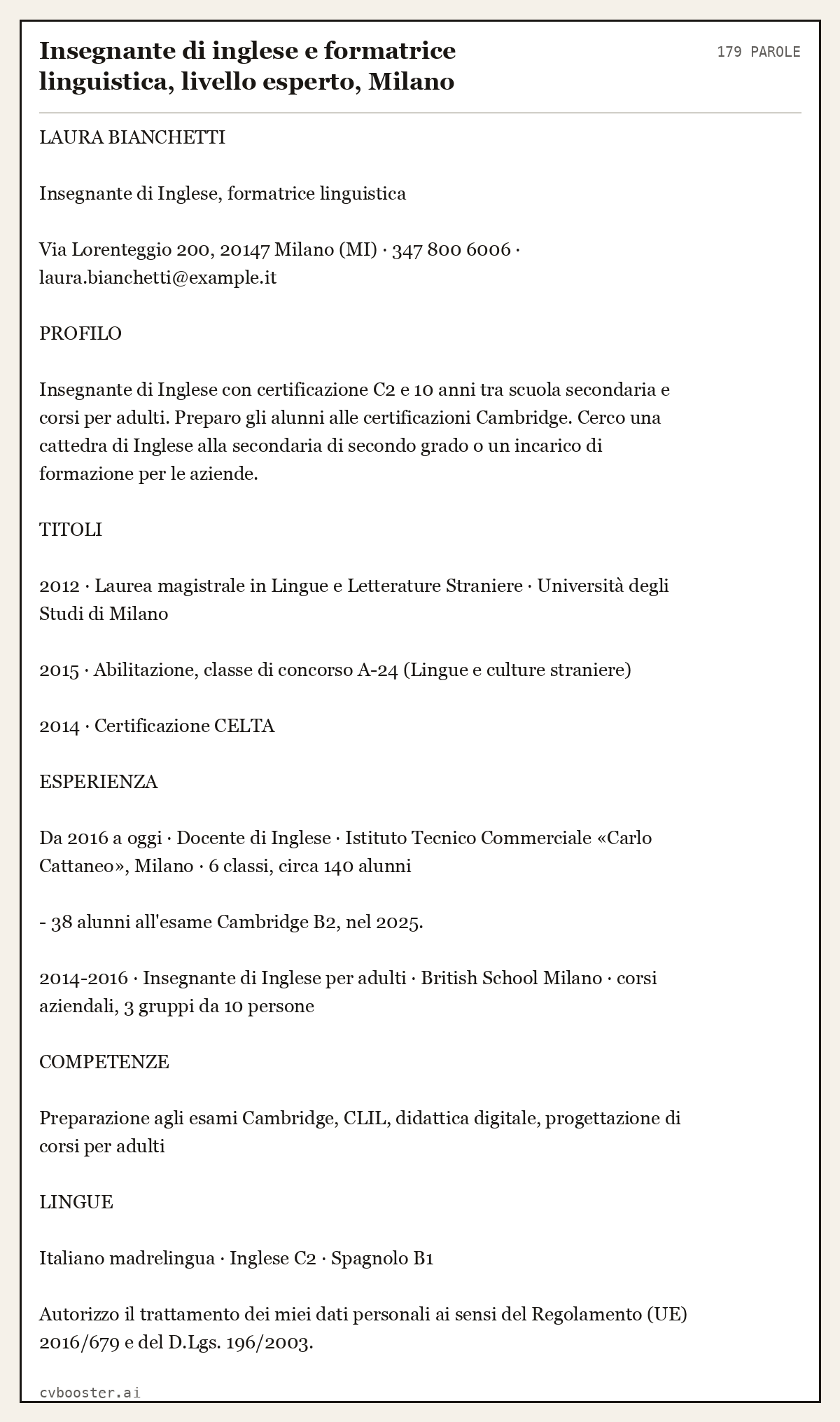 Esempio svolto: Insegnante di inglese e formatrice linguistica, livello esperto, Milano, 179 parole